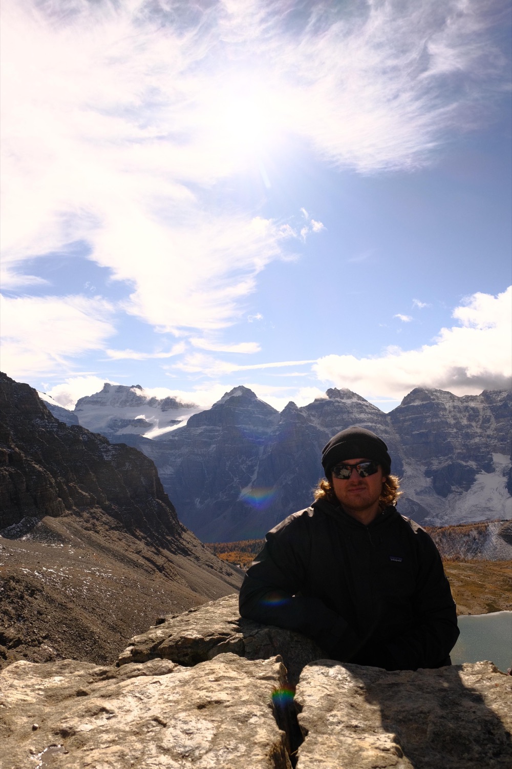Mitchell in the Canadian Rockies beneath a bright mountain sky